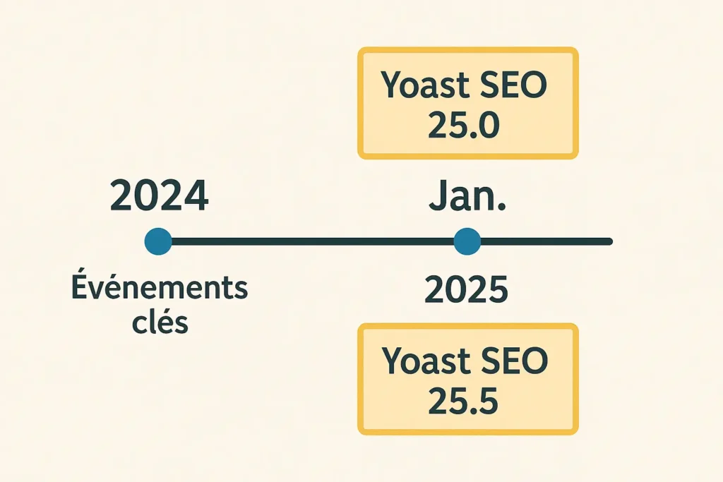 Yoast 2025 : timeline Yoast SEO 2024–2025 avec versions 25.0 et 25.5.