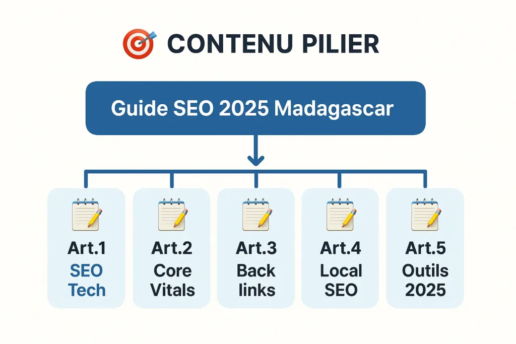 Contenu pilier – Guide SEO Madagascar avec 5 articles stratégiques (SEO technique, Core Vitals, Backlinks, Local SEO, Outils 2025)