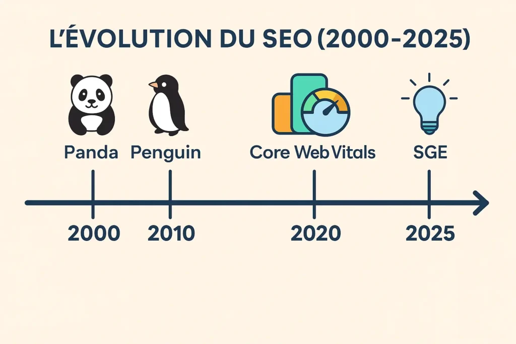 évolution historique du référencement naturel de 2000 à 2025 avec Panda, Mobile First, Core Web Vitals et SGE