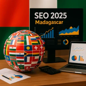SEO 2025 Madagascar, globe avec drapeaux du monde