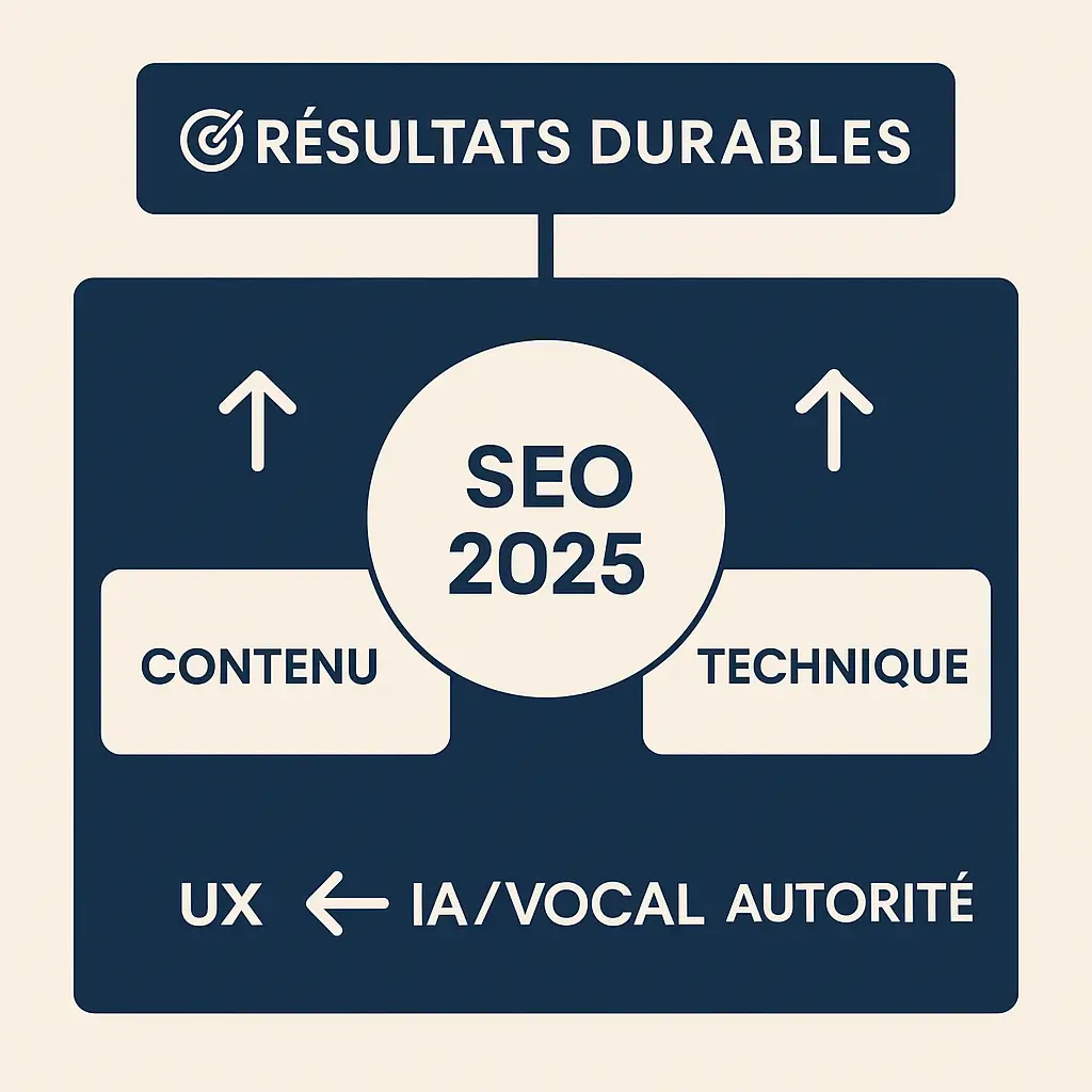 Les 5 piliers essentiels : contenu, technique, UX, IA/vocal et autorité