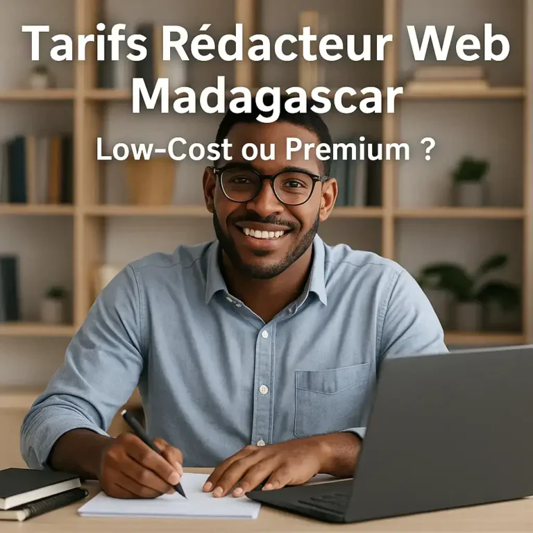 tarifs rédacteur web Madagascar 2025 - un rédacteur francophone au travail sur ordinateur avec vue moderne
