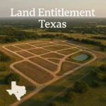 Land entitlement Texas : vue aérienne d’un lotissement en étape Blue-Top avec lots tracés, voiries, bassin de rétention et lignes électriques, prêt pour réseaux et final plat