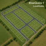 Étude de cas foncier Abilene : “RiseQuire 1” avec 162 parcelles, voiries dédiées, réseaux eau/électricité signalés, cul-de-sacs et emprises VRD prêtes pour la viabilisation.