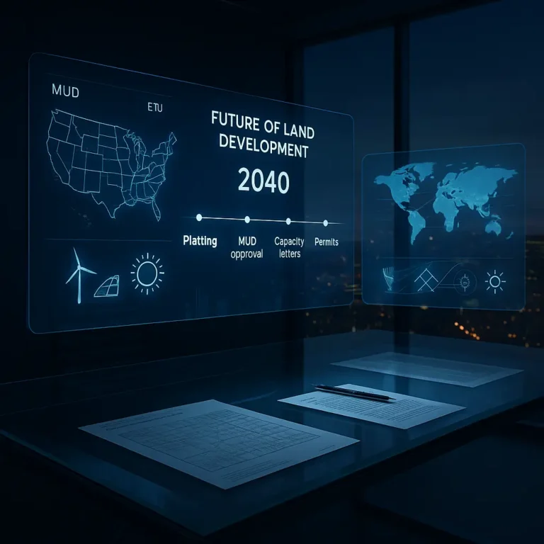 Vision 2040 du foncier – salle de contrôle 2040 avec écrans holographiques affichant carte USA (MUD/ETJ), timeline Platting → MUD approval → capacity letters → permits, et indicateurs fonciers.