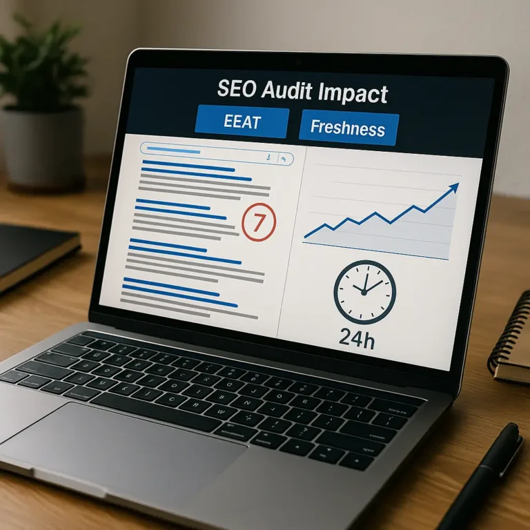 audit EEAT et Fraîcheur SEO — Ordinateur portable affichant un rapport “SEO Audit Impact”, avec les boutons EEAT et Freshness, montrant un résultat en 7ᵉ position et un graphique qui monte pour symboliser le passage d’un article au Top 5 en 24h.