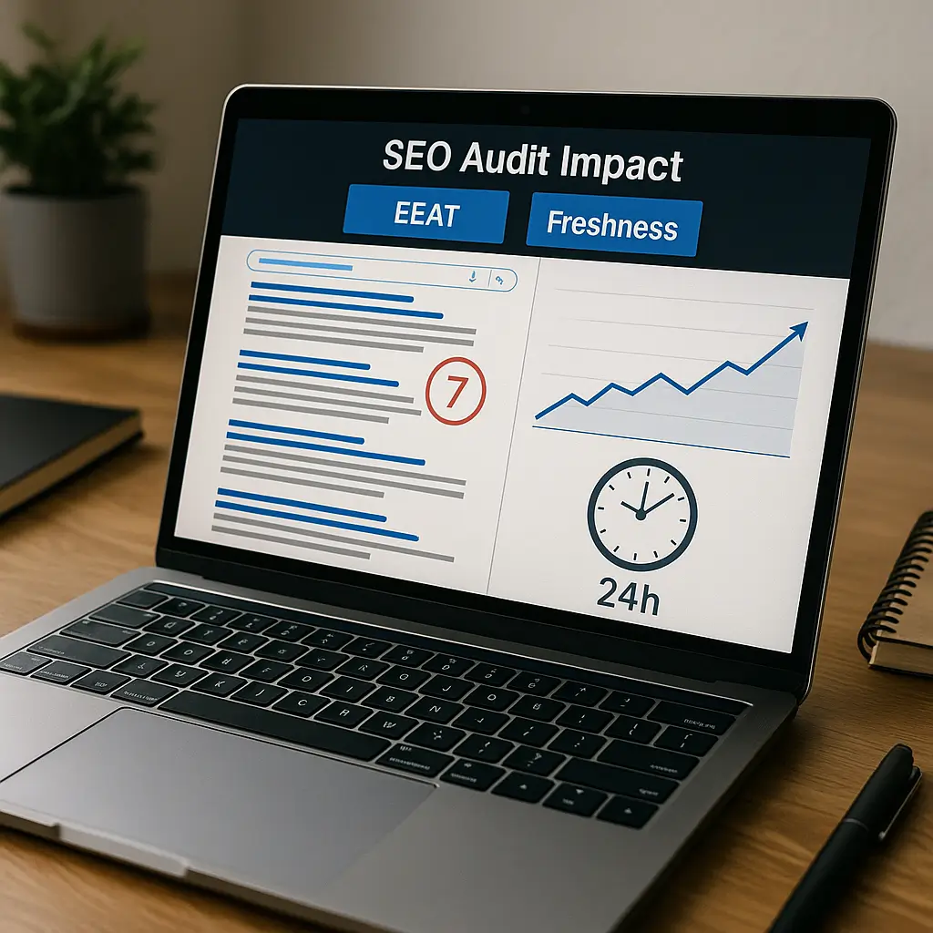 audit EEAT et Fraîcheur SEO — Ordinateur portable affichant un rapport “SEO Audit Impact”, avec les boutons EEAT et Freshness, montrant un résultat en 7ᵉ position et un graphique qui monte pour symboliser le passage d’un article au Top 5 en 24h.