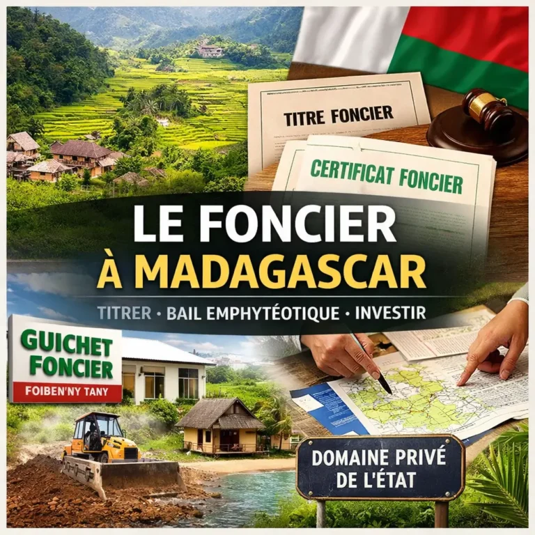 Foncier Madagascar : illustration du titre foncier, du bail emphytéotique, du certificat foncier et des usages du domaine privé de l’État.