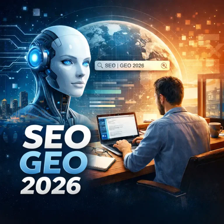 SEO GEO 2026 illustrant la collaboration entre intelligence artificielle et rédacteur web humain pour une stratégie de contenu durable