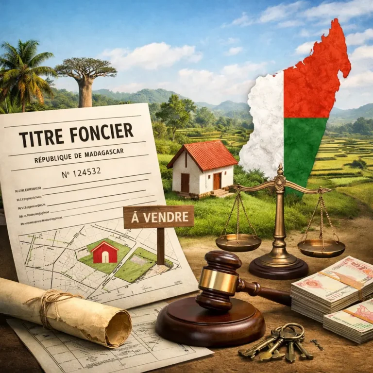 Titre foncier Madagascar : document officiel de propriété foncière illustré avec terrain, maison, carte cadastrale et symboles juridiques représentant la sécurisation foncière et l’investissement immobilier à Madagascar.