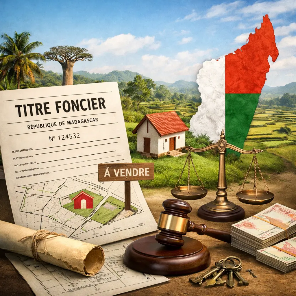 Titre foncier Madagascar : document officiel de propriété foncière illustré avec terrain, maison, carte cadastrale et symboles juridiques représentant la sécurisation foncière et l’investissement immobilier à Madagascar.
