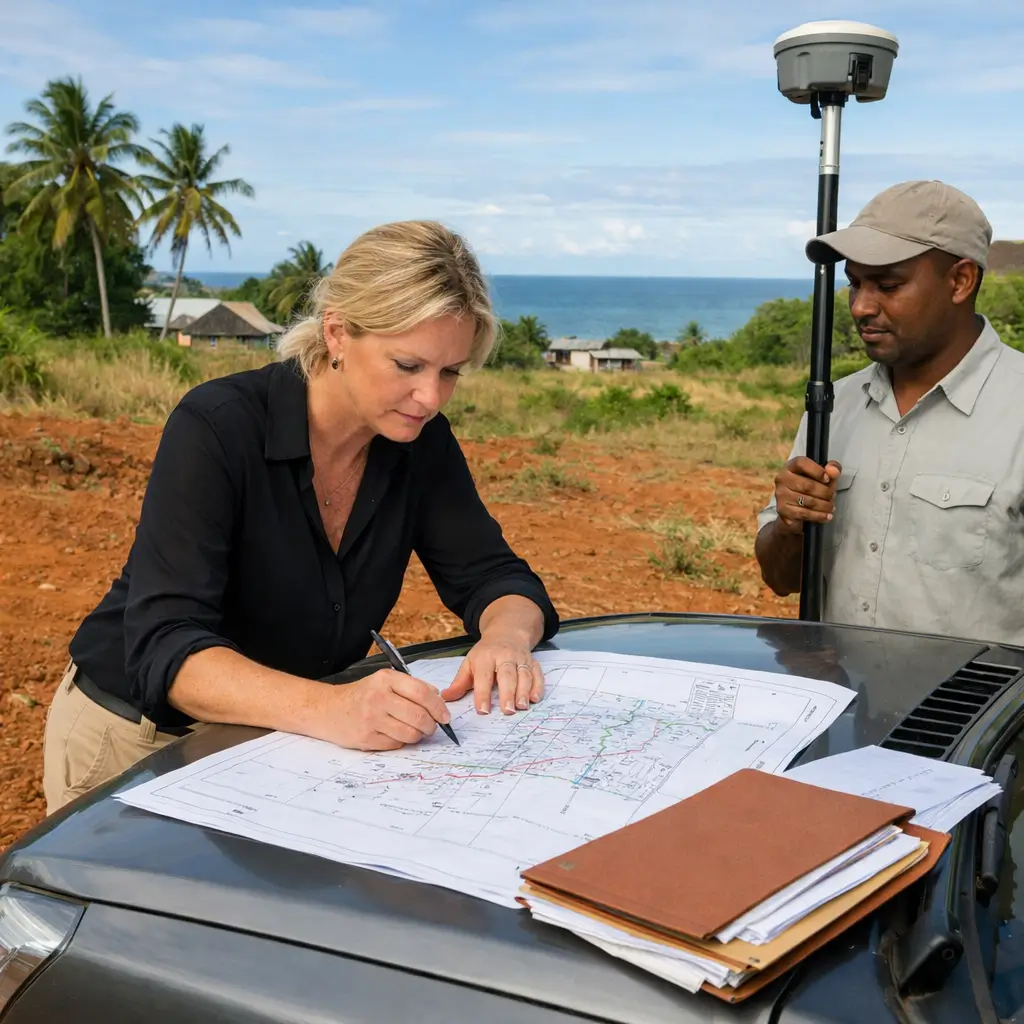 Investir dans le foncier à Madagascar – investisseur analysant un terrain côtier avec géomètre local et plan cadastral