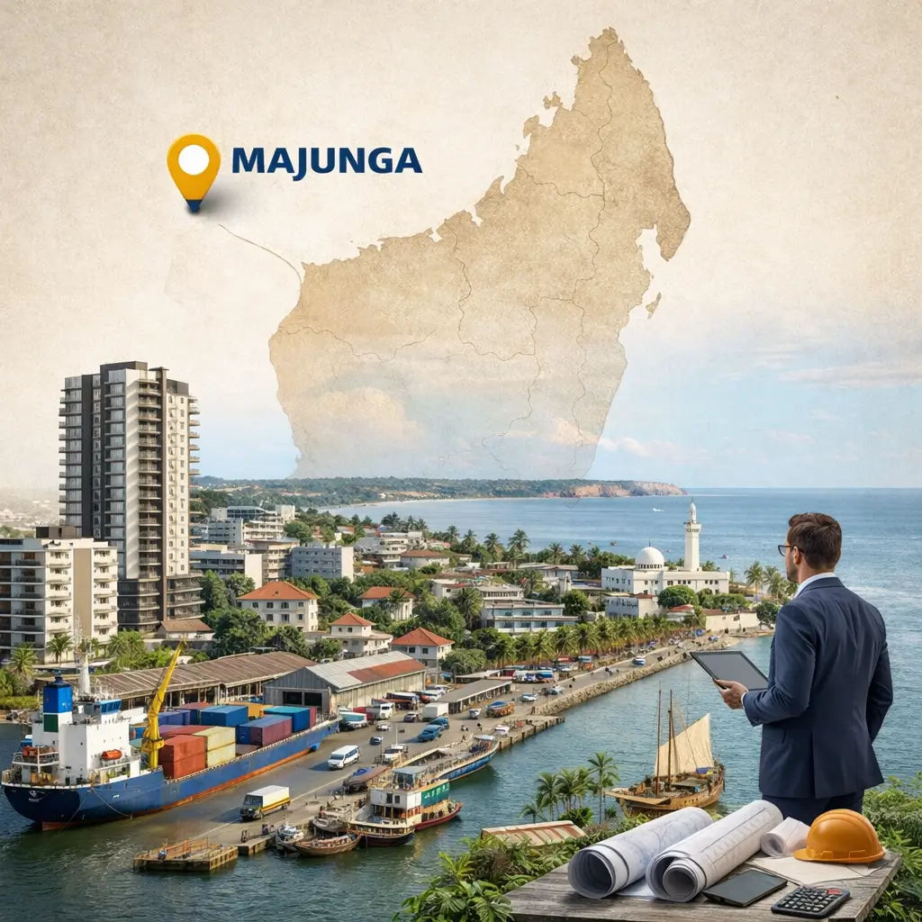 Investir à Majunga – carte de Madagascar en filigrane positionnant Mahajanga avec port, immobilier et analyse foncière