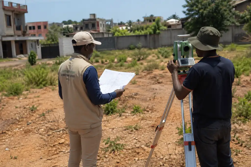 incohérence plan cadastral Madagascar topographe mesurant un terrain avec plan et appareil de géomètre