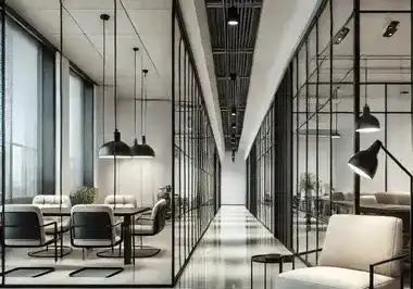 bureau-moderne-couloir-vitre-espace-travail-design-éclairage-contemporain-salle-réunion-professionnel-redacpourdemain-lareunion-france Image de bureau bien éclairés.