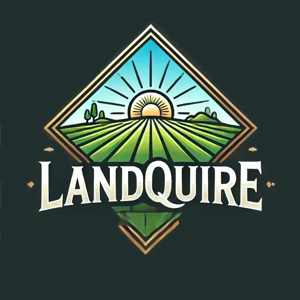 Logo de LandQuire avec un emblème en losange représentant un paysage stylisé avec un soleil levant et des champs verts, accompagné du texte 'LandQuire' en blanc et du slogan 'Acres of Experience'.